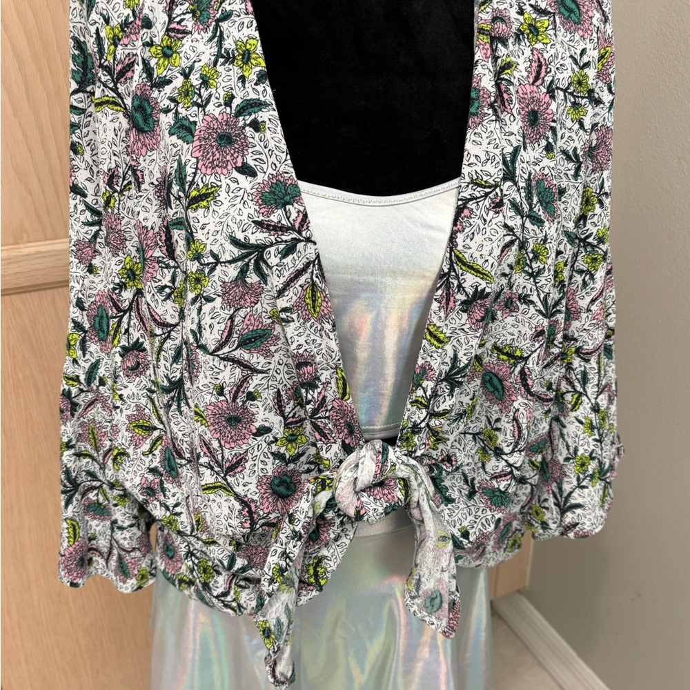 Torrid Floral tie front Blouse with Pink, Green, and Black Accents
